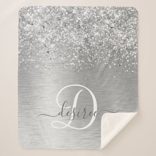 Silver Brushed Metal Glitter Monogram Name Sherpa Blanket