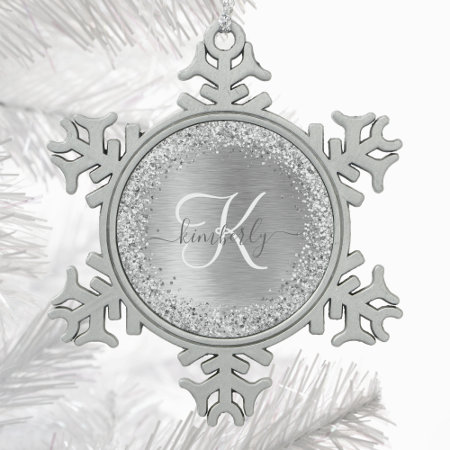 Silver Brushed Metal Glitter Monogram Name Snowflake Pewter Christmas 