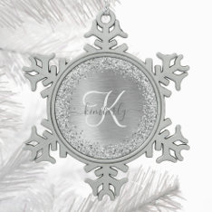 Silver Brushed Metal Glitter Monogram Name Snowflake Pewter Christmas Ornament at Zazzle