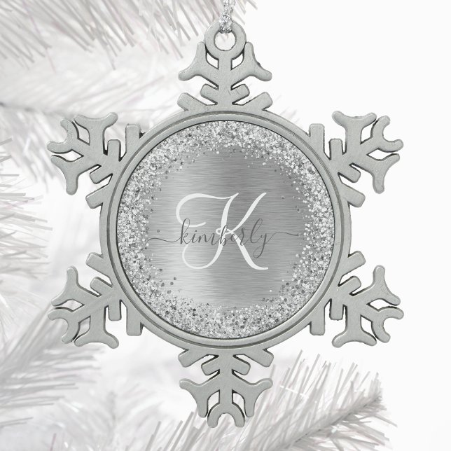 Silver Brushed Metal Glitter Monogram Name Snowflake Pewter Christmas Ornament (Creator Uploaded)