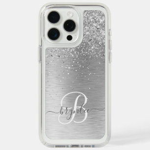 Silver Brushed Metal Glitter Monogram Name iPhone 15 Pro Max Case