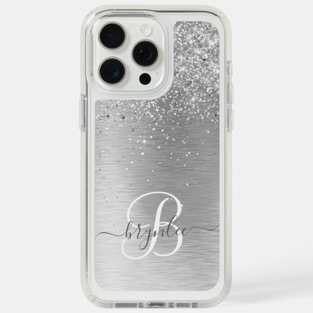 Silver Brushed Metal Glitter Monogram Name Speck iPhone Case (Front (White Titanium))
