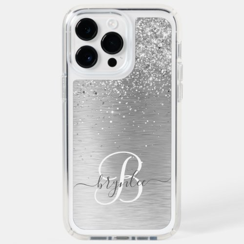 Silver Brushed Metal Glitter Monogram Name Speck iPhone 14 Pro Max Case