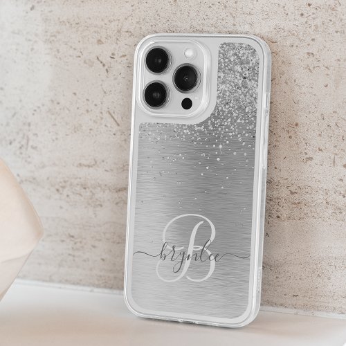  Silver Brushed Metal Glitter Monogram Name iPhone 15 Pro Case