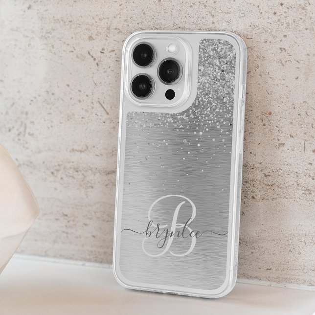  Silver Brushed Metal Glitter Monogram Name Speck iPhone Case (Creator Uploaded)