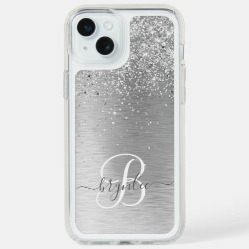 Silver Brushed Metal Glitter Monogram Name iPhone 15 Plus Case