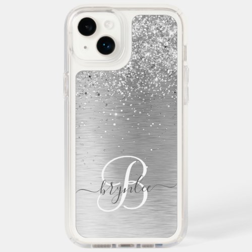 Silver Brushed Metal Glitter Monogram Name Speck iPhone 14 Plus Case