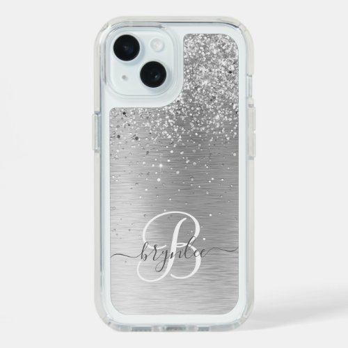 Silver Brushed Metal Glitter Monogram Name iPhone 15 Case
