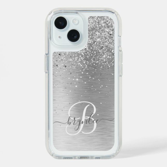 Silver Brushed Metal Glitter Monogram Name Speck iPhone Case (Front (Blue))