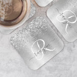 Silver Brushed Metal Glitter Monogram Name Square Paper Coaster<br><div class="desc">Easily personalize this trendy chic paper coaster design featuring pretty silver sparkling glitter on a silver brushed metallic background.</div>