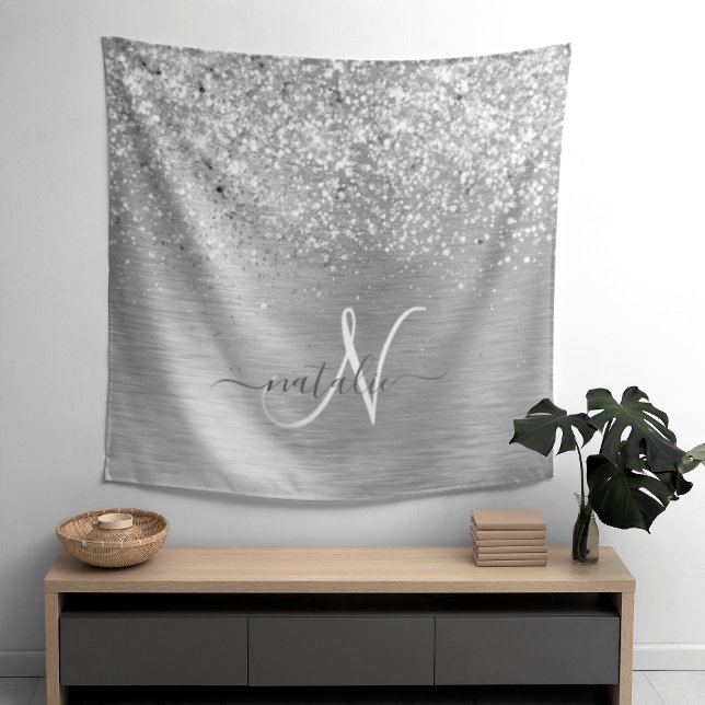 Silver Brushed Metal Glitter Monogram Name Tapestry (Creator Uploaded)