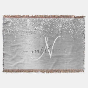 Silver Brushed Metal Glitter Monogram Name Throw Blanket
