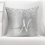 Silver Brushed Metal Glitter Monogram Name Throw Pillow<br><div class="desc">Easily personalize this trendy chic throw pillow design featuring pretty silver sparkling glitter on a silver brushed metallic background.</div>