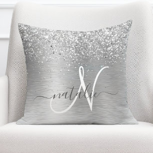 Silver Brushed Metal Glitter Monogram Name Throw Pillow