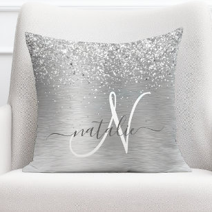 Silver Brushed Metal Glitter Monogram Name Throw Pillow
