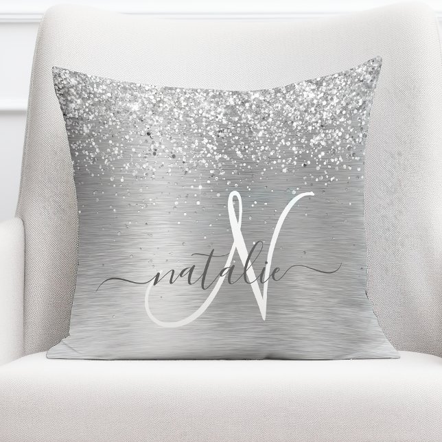 Silver Brushed Metal Glitter Monogram Name Throw Pillow (Creator Uploaded)