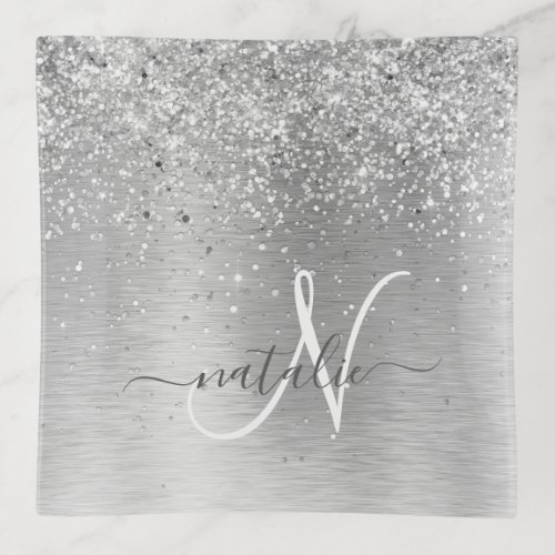 Silver Brushed Metal Glitter Monogram Name Trinket Tray