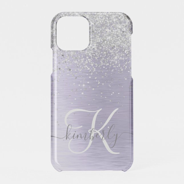 Silver Brushed Metal Glitter Monogram Name Uncommon iPhone Case (Back)