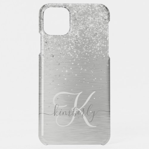 Silver Brushed Metal Glitter Monogram Name iPhone 11 Pro Max Case