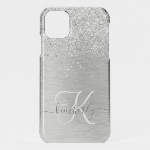 Silver Brushed Metal Glitter Monogram Name iPhone 11 Case