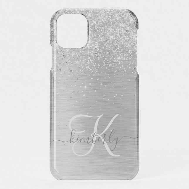 Silver Brushed Metal Glitter Monogram Name Uncommon iPhone Case (Back)