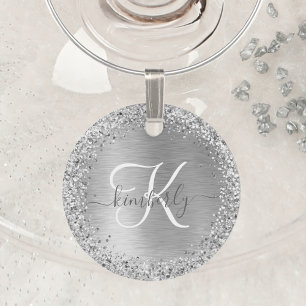 Silver Brushed Metal Glitter Monogram Name Wine Charm