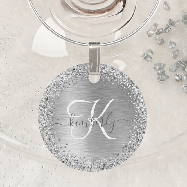 Silver Brushed Metal Glitter Monogram Name Wine Charm (Creator Uploaded)