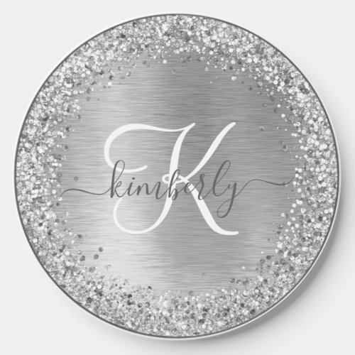 Silver Brushed Metal Glitter Monogram Name Wireless Charger