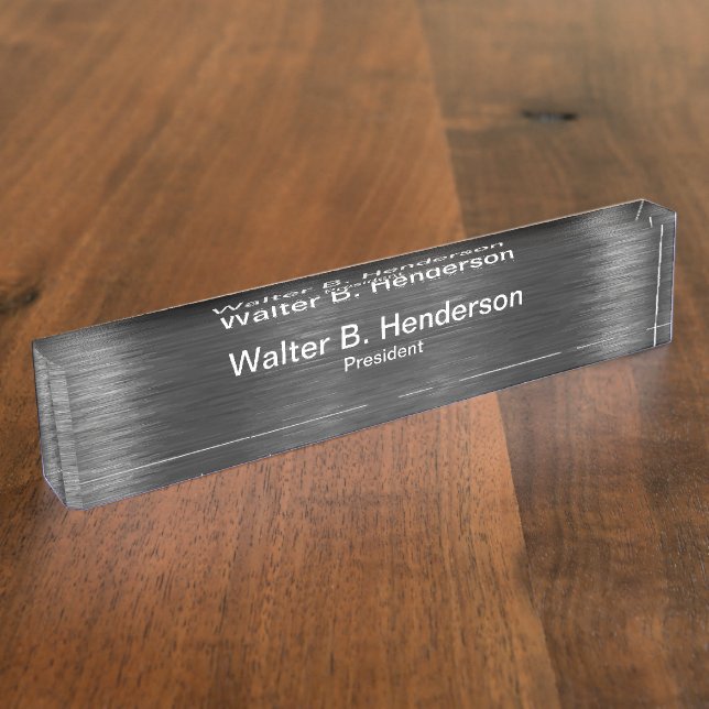 Silver Brushed Metal Graphic Executive Monogram Desk Name Plate (Side)