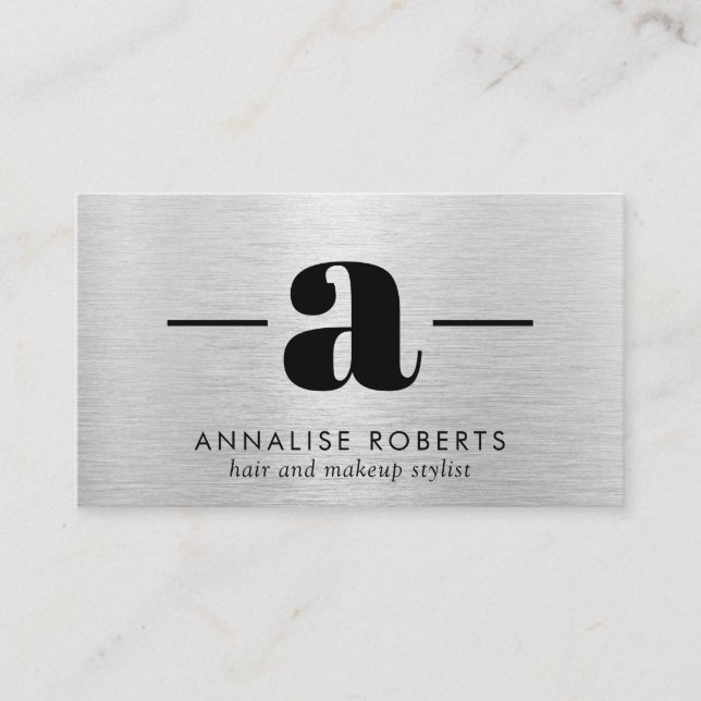 Silver Brushed Metal Letter A Monogram Hair Makeup Business Card (Front)