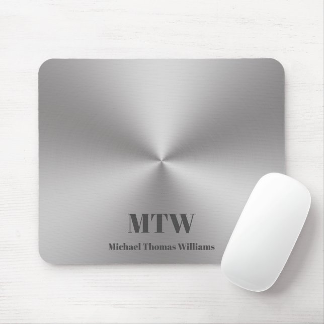 Silver Brushed Metal Look Name Initials Monogram Mouse Pad (With Mouse)