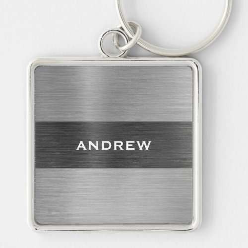 Silver Brushed Metal Metallic Monogram Name  Keychain