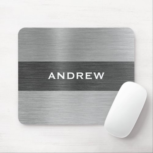 Silver Brushed Metal Metallic Monogram Name  Mouse Pad