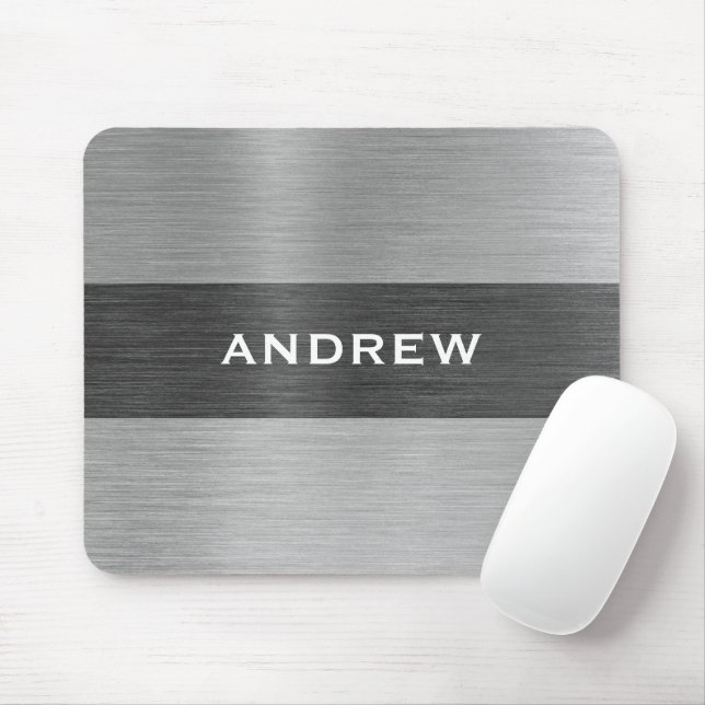 Silver Brushed Metal Metallic Monogram Name  Mouse Pad (With Mouse)