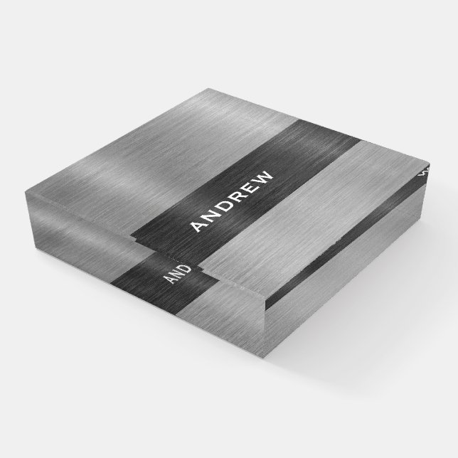 Silver Brushed Metal Metallic Monogram Name  Paperweight (Angled)