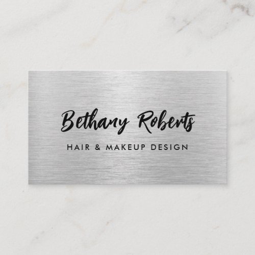 Silver Brushed Metal Modern Script Hair and Makeup Business Card