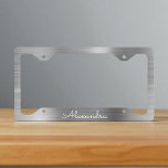 Silver Brushed Metal Monogram License Plate Frame<br><div class="desc">Luxury Silver Faux Foil Brushed Metal Elegant Monogram License Plate. This License Plate can be customized to include your first name.</div>