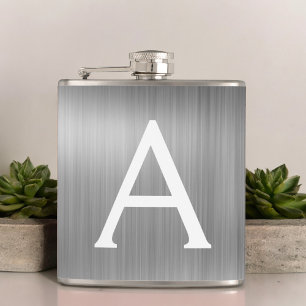 Silver Brushed Metal Monogram Name and Initial Flask