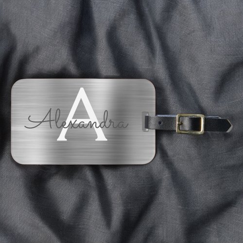 Silver Brushed Metal Monogram Name and Initial Luggage Tag