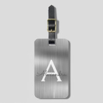 Silver Brushed Metal Monogram Name and Initial Luggage Tag