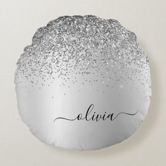 Silver Brushed Metal Monogram Name Girly Round Pillow (Front)