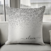 Silver Brushed Metal Monogram Name Modern Throw Pillow