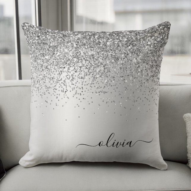 Silver Brushed Metal Monogram Name Modern Throw Pillow (Creator Uploaded)