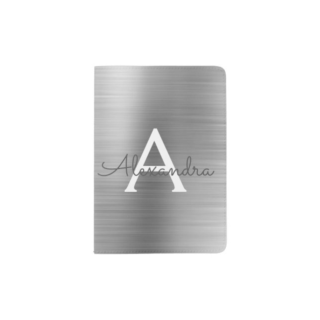 Silver Brushed Metal Monogram Name Passport Holder (Front)