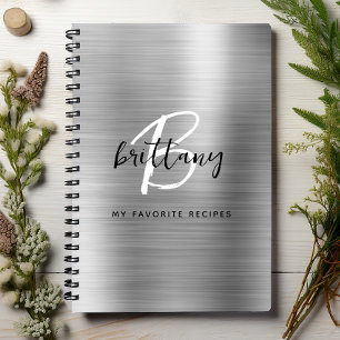 Silver Brushed Metal Monogram Name Recipe Book