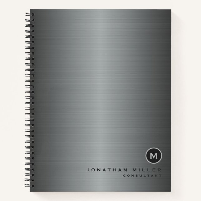 Silver Brushed Metal Simple Monogram Notebook (Front)