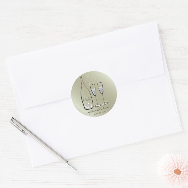 Silver Bubbly Champagne Cheers Stylish Wedding Classic Round Sticker (Envelope)