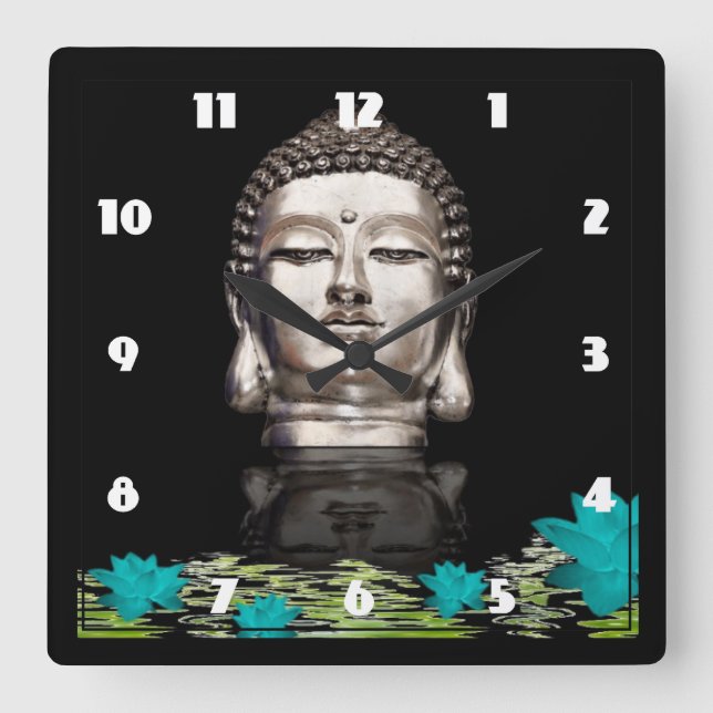 Silver Buddha Head Statue Square Wall Clock (Front)