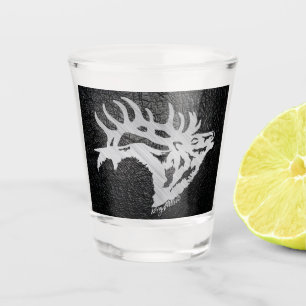 Silver Bull Elk On Black Leather Shot Glass