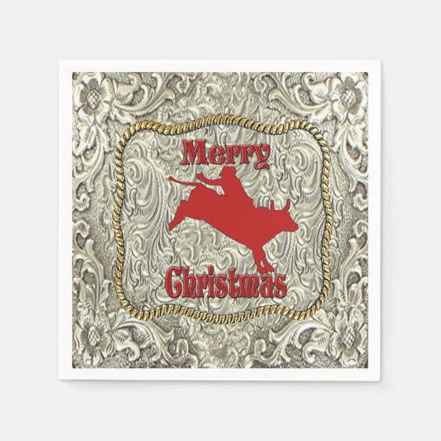 Silver Bull Rider Belt Buckle Christmas Napkins (Front)